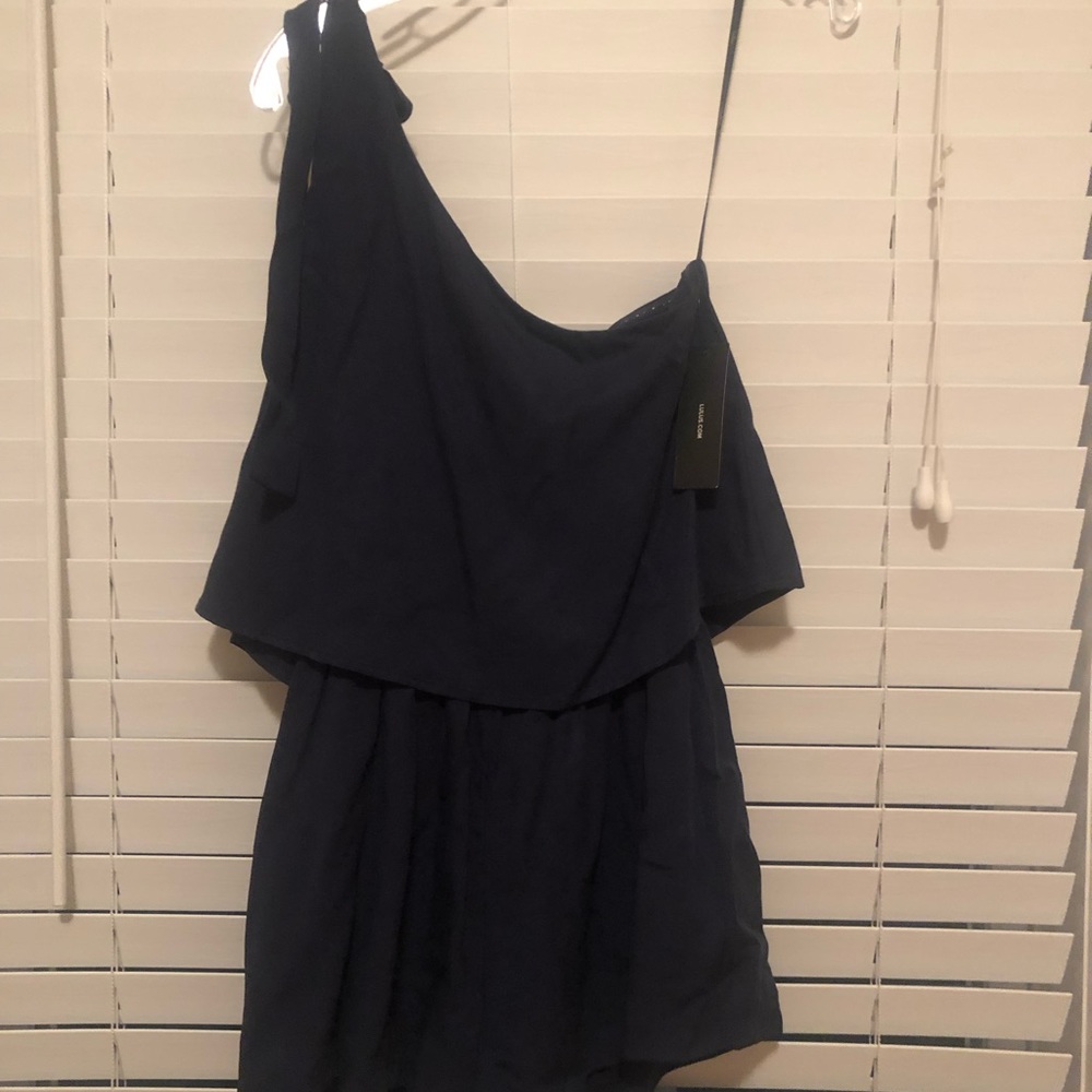 LULUS NAVY TIE ONE SHOULDER ROMPER